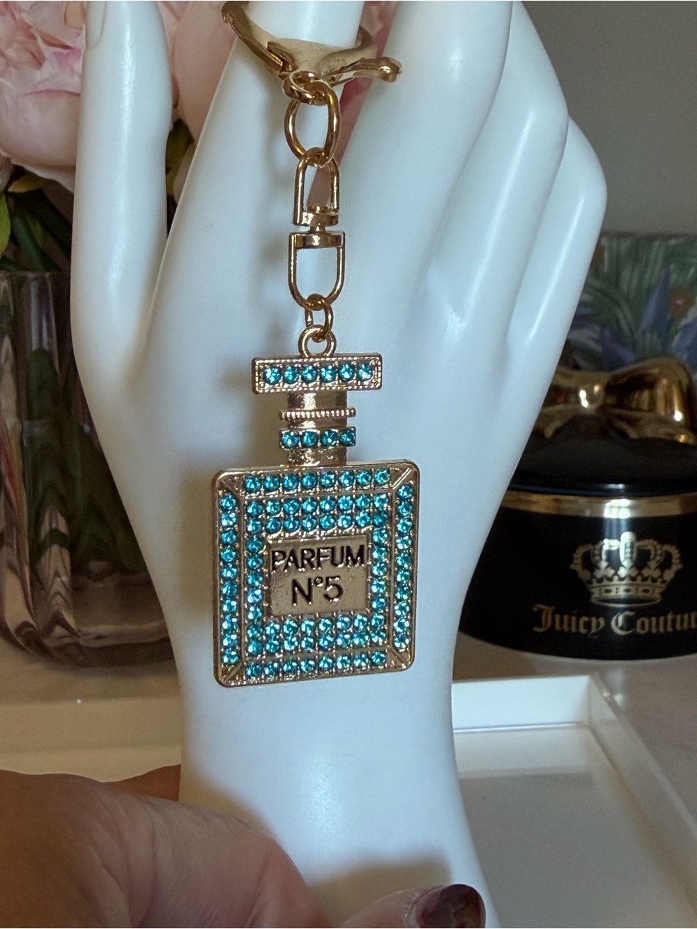 Parfum No.5 Gold-Tone Teal Crystal Pendant Keychain